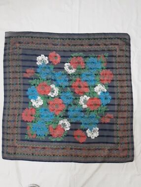 Floral Stripe Square Scarf in Navy with Red, Blue & White Blooms